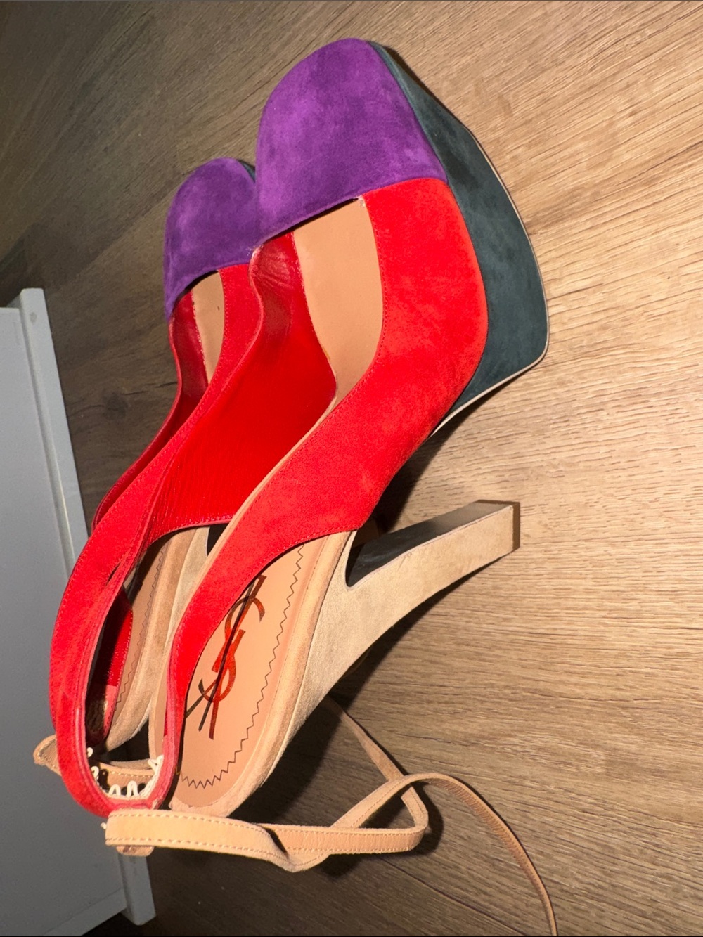 Yves Saint Laurent Two-Tone Suede Platform Heels in Red & Purple